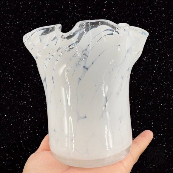 Art Glass Vase With White Specks Dots Ruffled Top Edge Glass Vase Vessel 5”T 5”W - Picture 8 of 15
